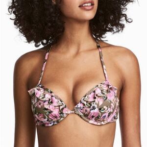 H&M olive green floral push up bikini top